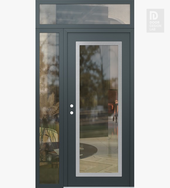 Modern Steel Front Door Diamond C1 48" x 96" anthracite/anthracite clear Glass Panel stainless steel RHI with Sidelite and Transom clear Glass