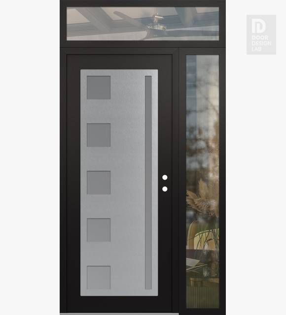 Modern Steel Front Door Diamond C3 50" x 96" black/white frosted Glass Panel stainless steel LHI with Sidelite and Transom clear Glass