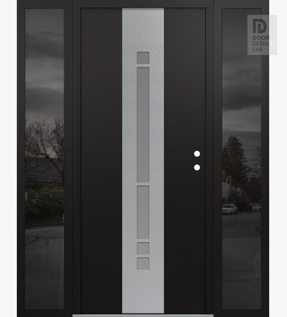 Modern Steel Front Door DIAMOND A3 64" X 80" BLACK/WHITE FROSTED GLASS PANEL STAINLESS STEEL LHI WITH 2 SIDELITES MIRRORED GLASS