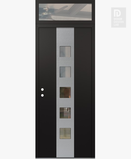 Modern Steel Front Door DIAMOND A13 36" X 96" BLACK/BLACK CLEAR GLASS PANEL STAINLESS STEEL RHI WITH TRANSOM CLEAR GLASS