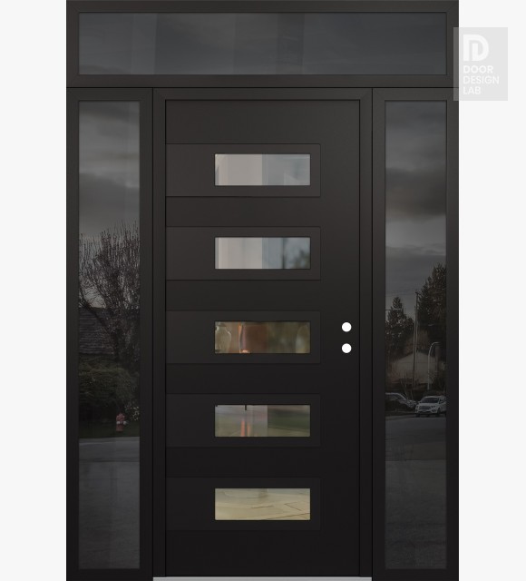 Modern Steel Front Door Diamond D3 68" x 96" black/black clear Glass Panel black LHI with 2 Sidelites and Transom mirrored Glass