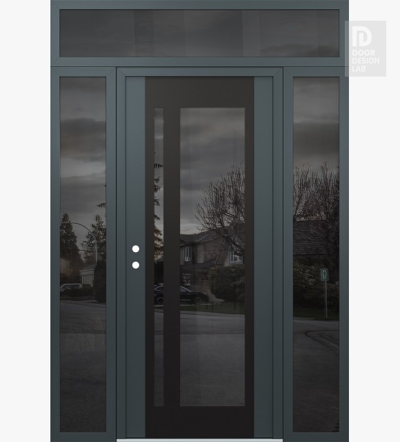 Modern Steel Front Door Diamond C15 60" x 96" anthracite/anthracite mirrored Glass Panel black RHI with 2 Sidelites and Transom mirrored Glass