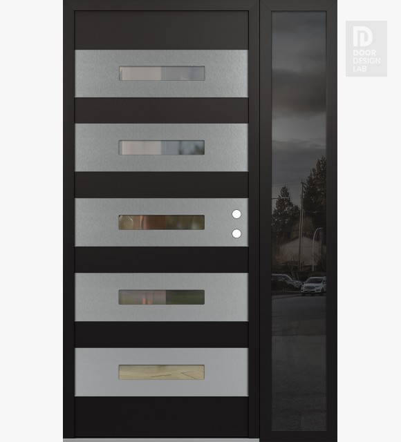 Modern Steel Front Door Diamond D9 50" x 80" black/black clear Glass Panel stainless steel LHI with Sidelite mirrored Glass