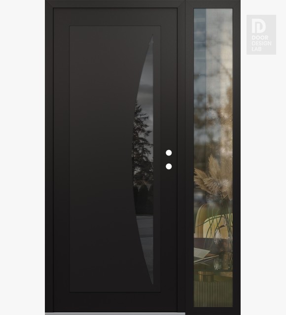 Modern Steel Front Door Diamond C13 52" x 80" black/black mirrored Glass Panel black LHI with Sidelite clear Glass