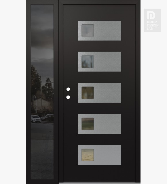 Modern Steel Front Door Diamond D2 50" x 80" black/black clear Glass Panel stainless steel RHI with Sidelite mirrored Glass