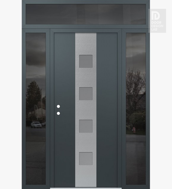 Modern Steel Front Door DIAMOND A12 68" X 96" ANTHRACITE/ANTHRACITE FROSTED GLASS PANEL STAINLESS STEEL RHI WITH 2 SIDELITES AND TRANSOM MIRRORED GLASS