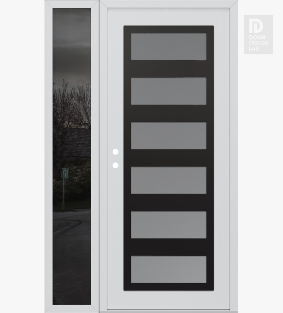 Modern Steel Front Door Diamond C9 52" x 80" white/white frosted Glass Panel black LHI with Sidelite mirrored Glass