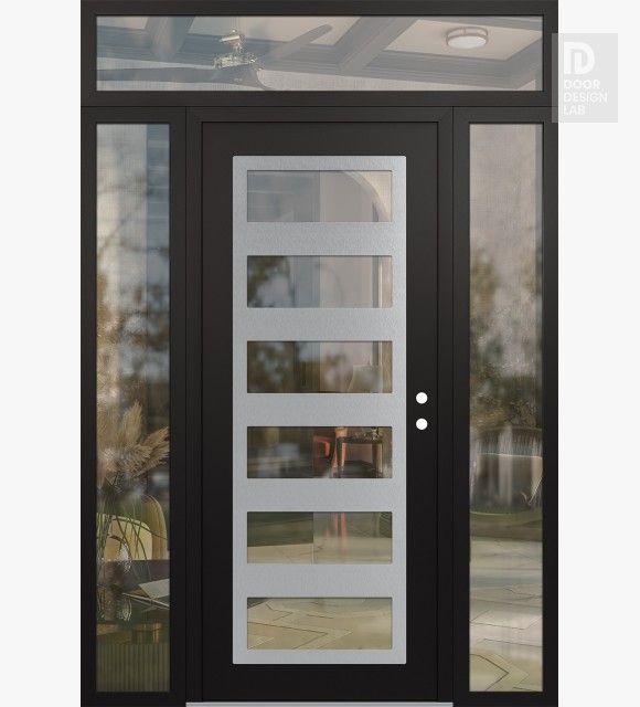 Modern Steel Front Door Diamond C9 68" x 96" black/black clear Glass Panel stainless steel LHI with 2 Sidelites and Transom clear Glass