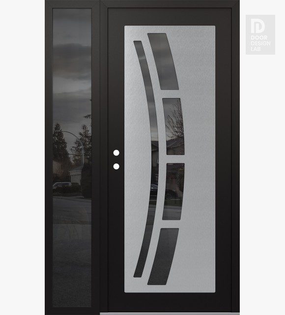 Modern Steel Front Door Diamond C12 50" x 80" black/black mirrored Glass Panel stainless steel RHI with Sidelite mirrored Glass