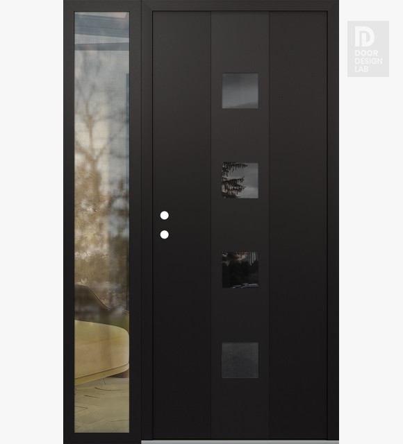 Modern Steel Front Door DIAMOND A12 52" X 80" BLACK/BLACK MIRRORED GLASS PANEL BLACK RHI WITH SIDELITE CLEAR GLASS