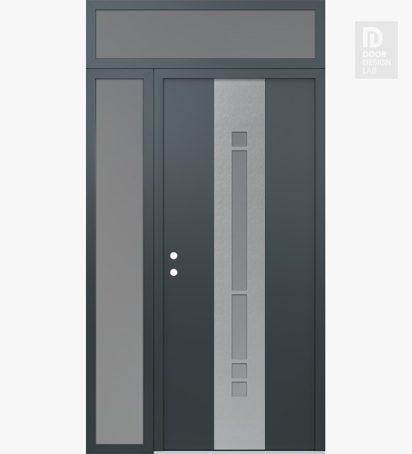 Modern Steel Front Door DIAMOND A3 50" X 96" ANTHRACITE/ANTHRACITE FROSTED GLASS PANEL STAINLESS STEEL RHI WITH SIDELITE AND TRANSOM FROSTED GLASS