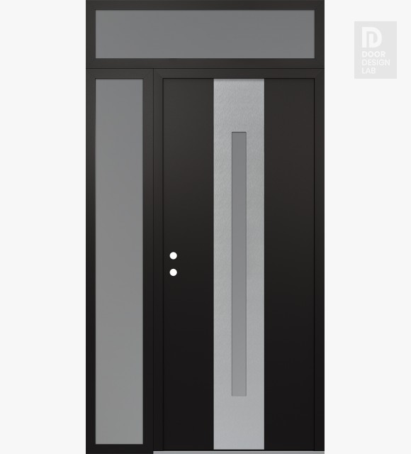Modern Steel Front Door DIAMOND A2 48" X 96" BLACK/WHITE FROSTED GLASS PANEL STAINLESS STEEL RHI WITH SIDELITE AND TRANSOM FROSTED GLASS