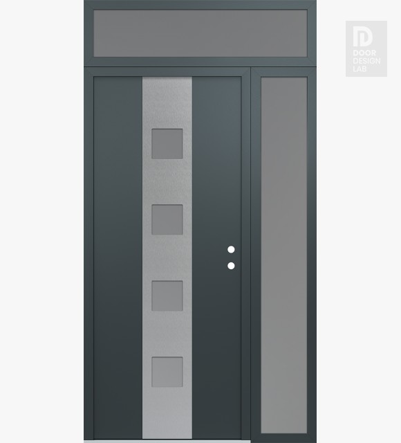 Modern Steel Front Door DIAMOND A12 48" X 96" ANTHRACITE/ANTHRACITE FROSTED GLASS PANEL STAINLESS STEEL LHI WITH SIDELITE AND TRANSOM FROSTED GLASS