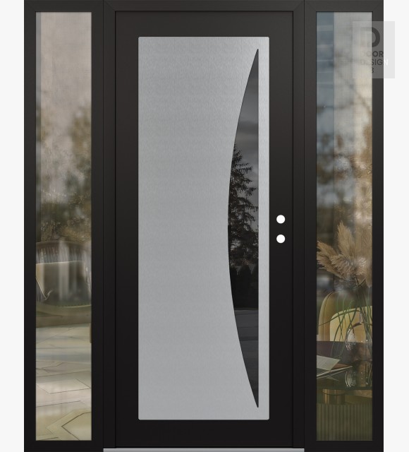 Modern Steel Front Door Diamond C13 68" x 80" black/black mirrored Glass Panel stainless steel LHI with 2 Sidelites clear Glass