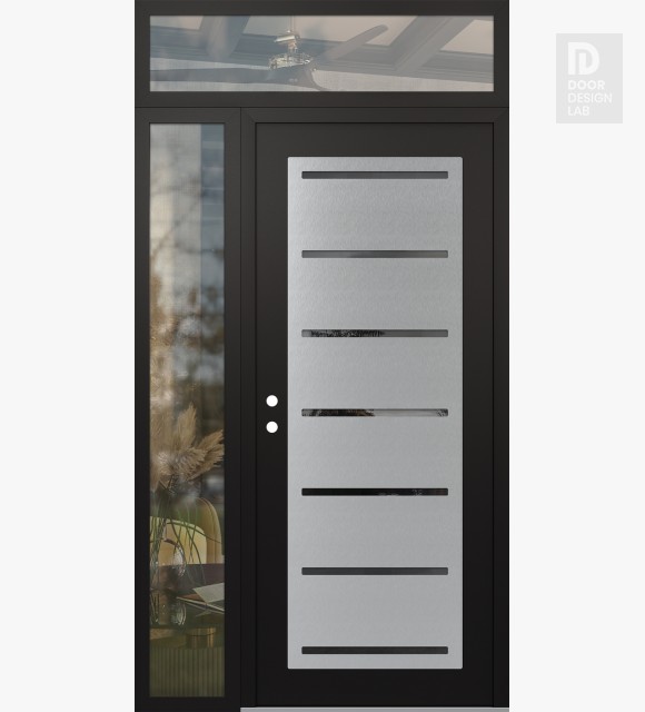 Modern Steel Front Door Diamond C11 48" x 96" black/black mirrored Glass Panel stainless steel RHI with Sidelite and Transom clear Glass