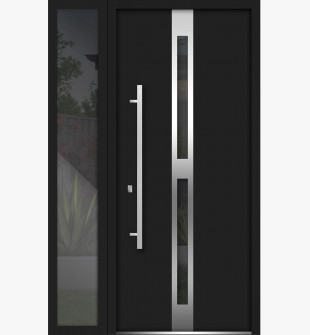 Front Exterior Prehung Steel Door / Deux 1755 Black Enamel / Side Exterior Window / Stainless Inserts Single Modern Painted-W36+12" x H80"-Right-hand Inswing