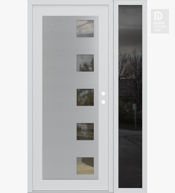 Modern Steel Front Door Diamond C5 50" x 80" white/white clear Glass Panel stainless steel LHI with Sidelite mirrored Glass