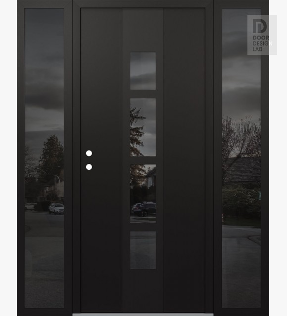 Modern Steel Front Door DIAMOND A10 60" X 80" BLACK/BLACK MIRRORED GLASS PANEL BLACK RHI WITH 2 SIDELITES MIRRORED GLASS