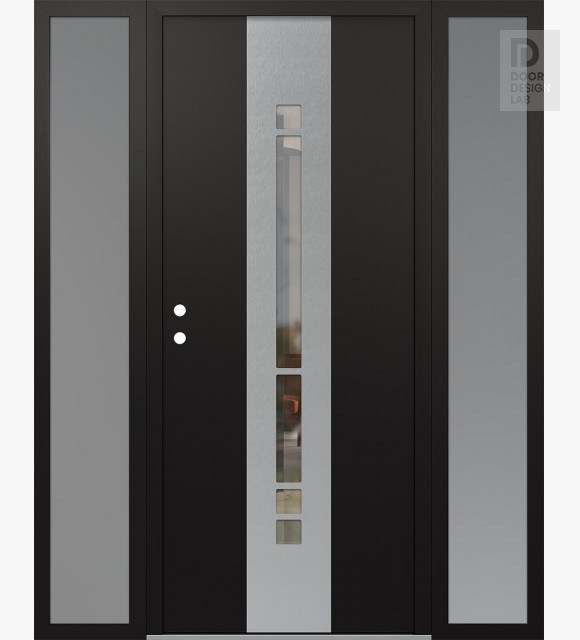 Modern Steel Front Door DIAMOND A3 68" X 80" BLACK/BLACK CLEAR GLASS PANEL STAINLESS STEEL RHI WITH 2 SIDELITES FROSTED GLASS