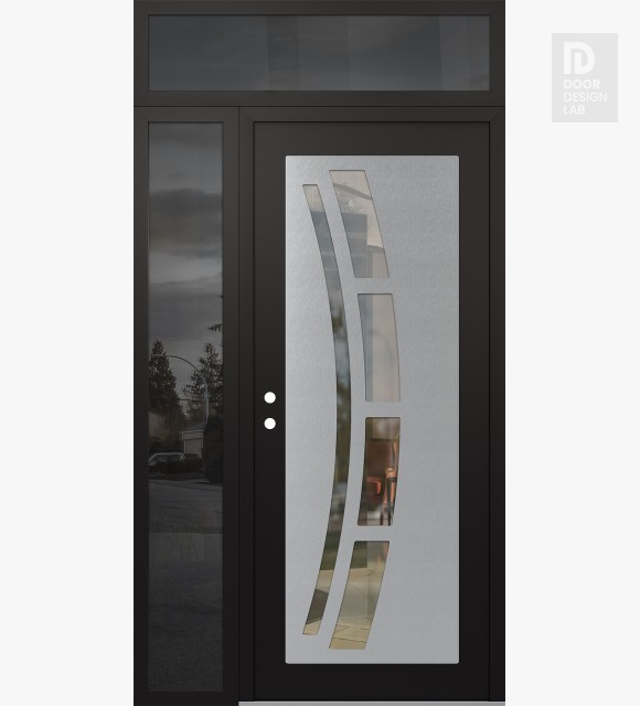 Modern Steel Front Door Diamond C12 48" x 96" black/black clear Glass Panel stainless steel RHI with Sidelite and Transom mirrored Glass