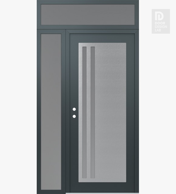 Modern Steel Front Door Diamond C6 48" x 96" anthracite/anthracite frosted Glass Panel stainless steel RHI with Sidelite and Transom frosted Glass