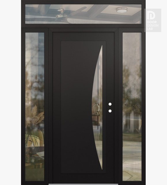 Modern Steel Front Door Diamond C13 64" x 96" black/black clear Glass Panel black LHI with 2 Sidelites and Transom clear Glass