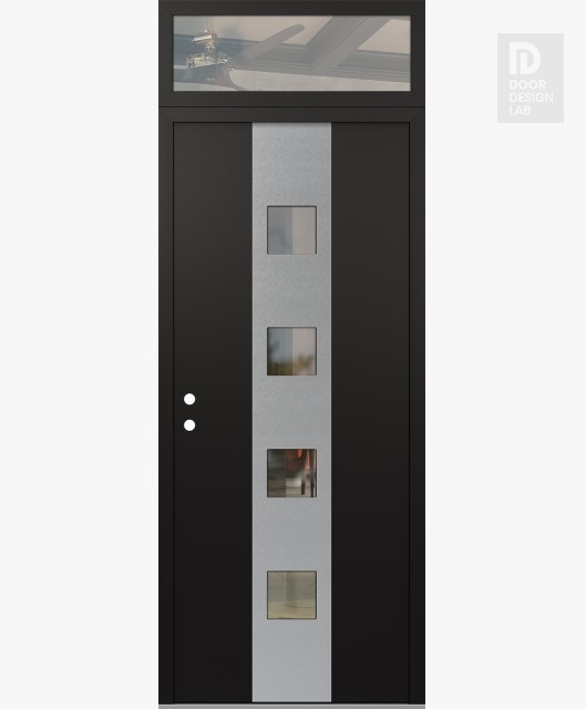 Modern Steel Front Door DIAMOND A12 36" X 96" BLACK/BLACK CLEAR GLASS PANEL STAINLESS STEEL RHI WITH TRANSOM CLEAR GLASS