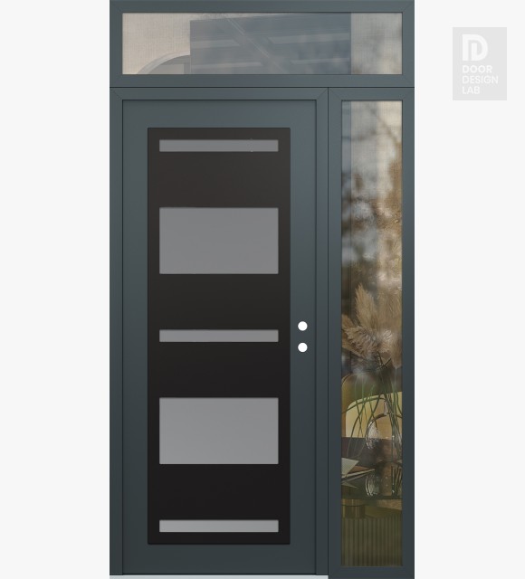 Modern Steel Front Door Diamond C10 52" x 96" anthracite/anthracite frosted Glass Panel black LHI with Sidelite and Transom clear Glass
