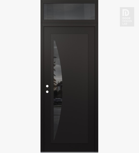 Modern Steel Front Door Diamond C13 36" x 96" black/black mirrored Glass Panel black RHI with Transom mirrored Glass
