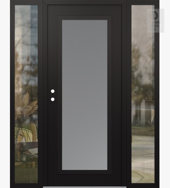 Modern Steel Front Door Diamond C1 60" x 80" black/white frosted Glass Panel black RHI with 2 Sidelites clear Glass