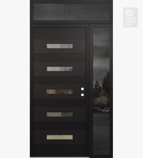 Modern Steel Front Door Diamond D9 52" x 96" black/black clear Glass Panel black LHI with Sidelite and Transom mirrored Glass