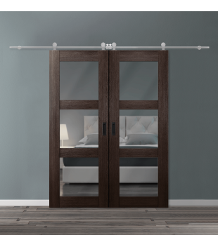 DOUBLE BARN DOOR AVON 3 LITE VETRO VERALINGA OAK 56" X 84" X 1 3/4" STAINLESS STEEL HARDWARE