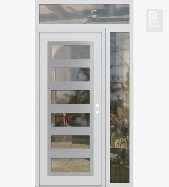 Modern Steel Front Door Diamond C9 48" x 96" white/white clear Glass Panel stainless steel LHI with Sidelite and Transom clear Glass