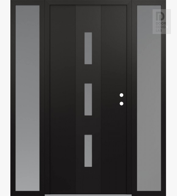 Modern Steel Front Door DIAMOND A7 64" X 80" BLACK/WHITE FROSTED GLASS PANEL BLACK LHI WITH 2 SIDELITES FROSTED GLASS