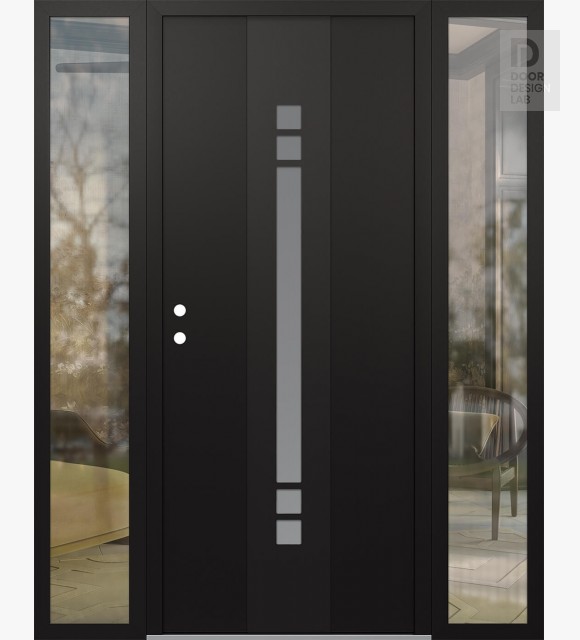 Modern Steel Front Door DIAMOND A4 64" X 80" BLACK/WHITE FROSTED GLASS PANEL BLACK RHI WITH 2 SIDELITES CLEAR GLASS