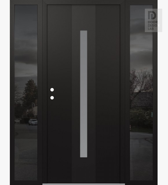 Modern Steel Front Door DIAMOND A2 64" X 80" BLACK/WHITE FROSTED GLASS PANEL BLACK RHI WITH 2 SIDELITES MIRRORED GLASS