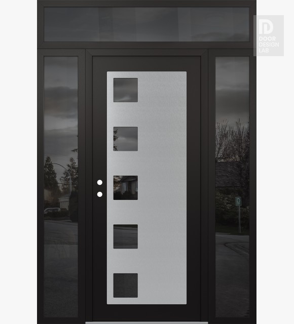 Modern Steel Front Door Diamond C5 68" x 96" black/black mirrored Glass Panel stainless steel RHI with 2 Sidelites and Transom mirrored Glass