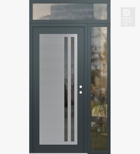 Modern Steel Front Door Diamond C6 48" x 96" anthracite/anthracite mirrored Glass Panel stainless steel LHI with Sidelite and Transom clear Glass