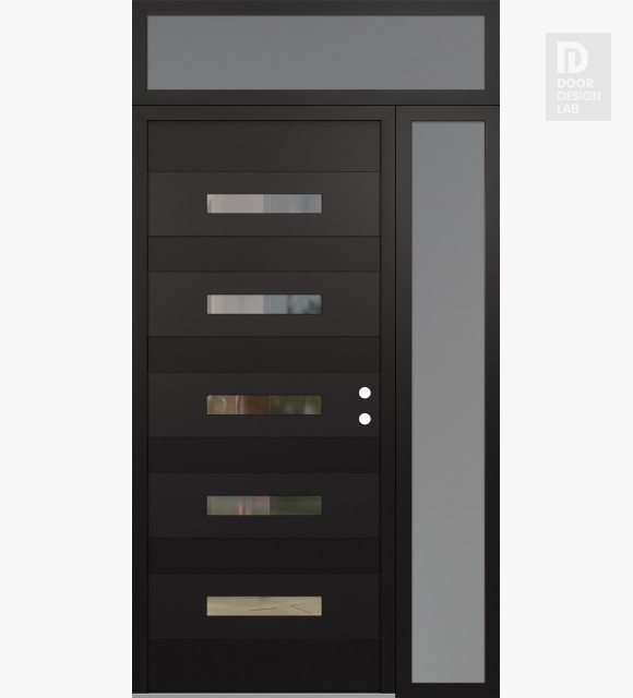 Modern Steel Front Door Diamond D9 48" x 96" black/black clear Glass Panel black LHI with Sidelite and Transom frosted Glass
