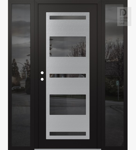 Modern Steel Front Door Diamond C10 60" x 80" black/black mirrored Glass Panel stainless steel RHI with 2 Sidelites mirrored Glass