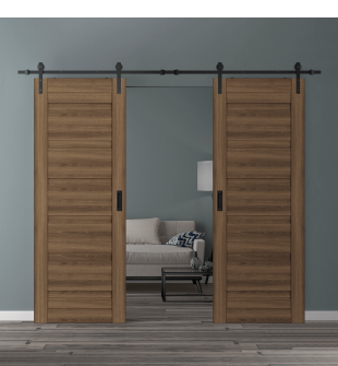 DOUBLE BARN DOOR LOUVER PECAN NUTWOOD 56" X 84" X 1 3/4" BLACK HARDWARE