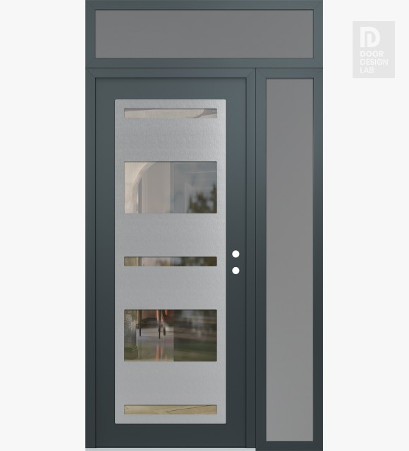 Modern Steel Front Door Diamond C10 52" x 96" anthracite/anthracite clear Glass Panel stainless steel LHI with Sidelite and Transom frosted Glass