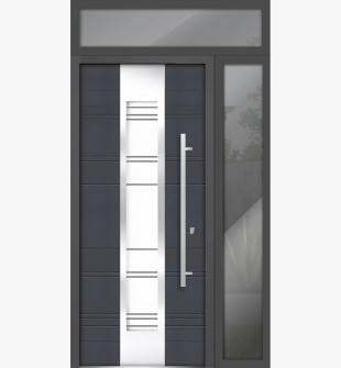 Front Exterior Prehung Steel Door / Deux 0757 Gray Graphite / Side and Top Exterior Window / Stainless Inserts Single Modern Painted-W36+12" x H80+16"-Left-hand Inswing