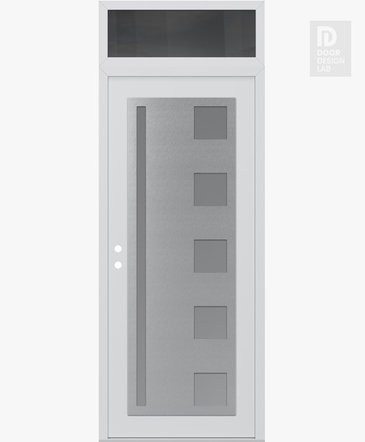 Modern Steel Front Door Diamond C3 36" x 96" white/white frosted Glass Panel stainless steel RHI with Transom mirrored Glass