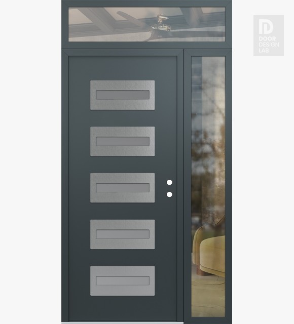 Modern Steel Front Door Diamond D4 48" x 96" anthracite/anthracite frosted Glass Panel stainless steel LHI with Sidelite and Transom clear Glass