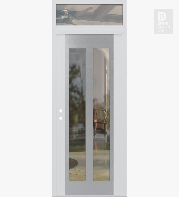 Modern Steel Front Door Diamond C14 36" x 96" white/white clear Glass Panel stainless steel RHI with Transom clear Glass