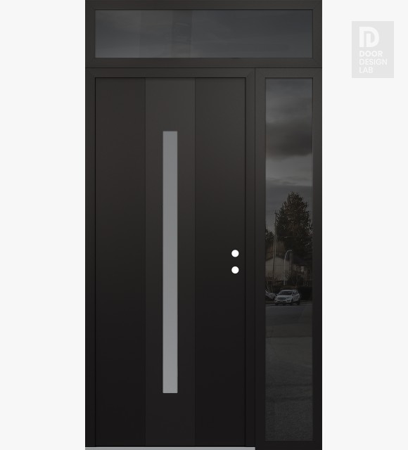 Modern Steel Front Door DIAMOND A2 48" X 96" BLACK/WHITE FROSTED GLASS PANEL BLACK LHI WITH SIDELITE AND TRANSOM MIRRORED GLASS