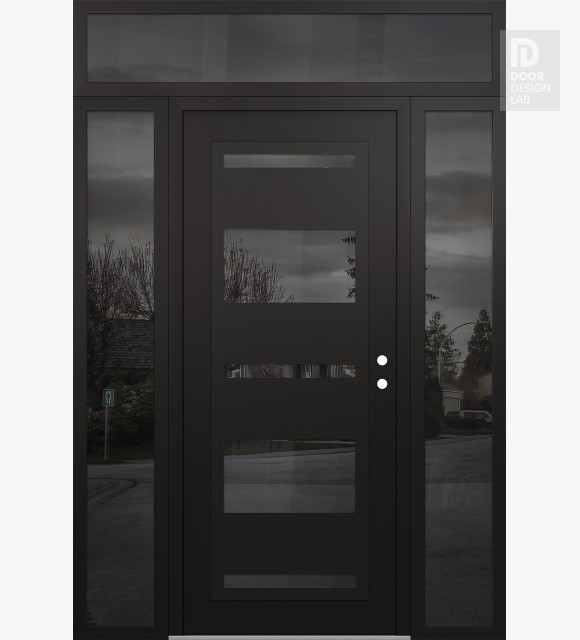 Modern Steel Front Door Diamond C10 60" x 96" black/black mirrored Glass Panel black LHI with 2 Sidelites and Transom mirrored Glass