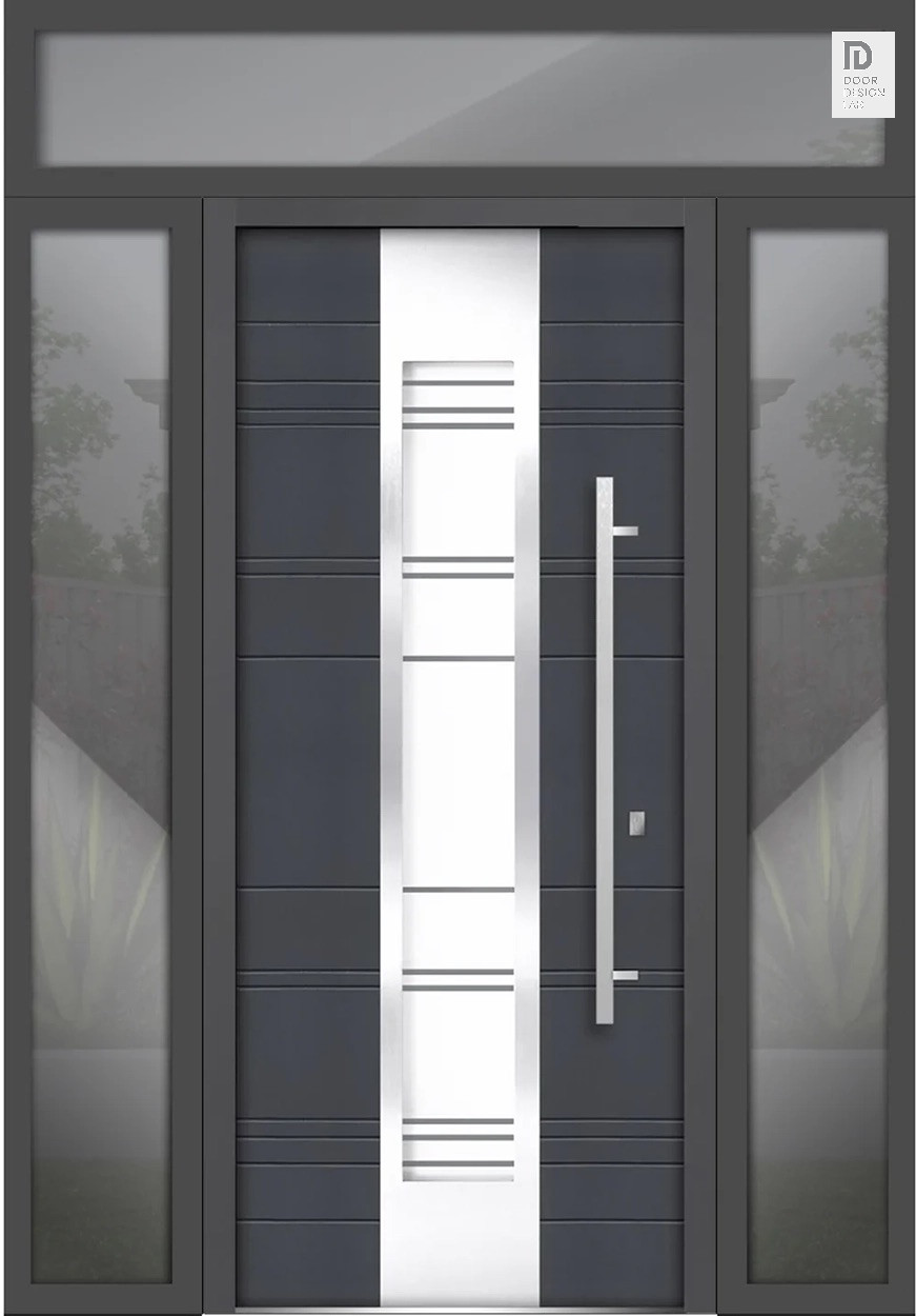 Front Exterior Prehung Steel Door / Deux 0757 Gray Graphite / 2 Side and  Top Exterior Window / Stainless Inserts Single Modern Painted-W14+36+14