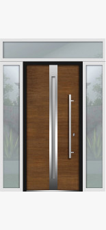 Front Exterior Prehung Steel Door / Deux 1744 Natural Oak / 2 Side and Top Exterior White Window / Stainless Inserts Single Modern Painted-W12+36+12" x H80+16"-Left-hand Inswing